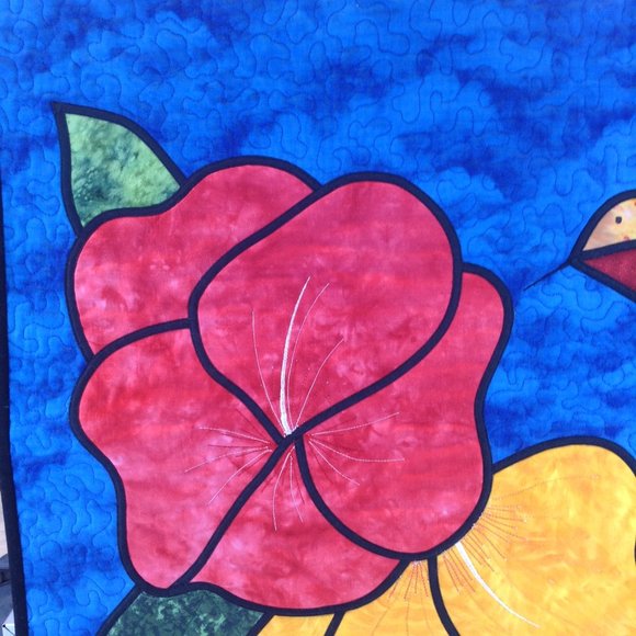 Quilted Fusible Applique Hummingbird Hibiscus 29 1/4" x 23 1/4" Handmade Panel - Picture 3 of 16